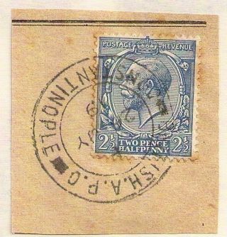 1919 British Army Post Office Constantinople (a.  P.  O. ) Kgv 2½d Indigo Piece