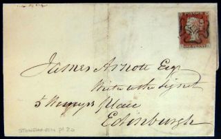 Gb Qv - 1843 Cover To Edinburgh,  4 Margin 1d Red Pl.  20 (s - I) With Stonehaven Mx