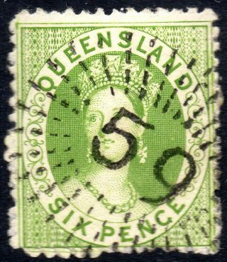 1862 - 67 Queensland Sg 27 6d Yellow - Green Fine