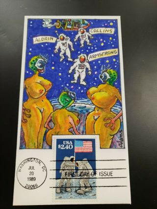 Us Fdc 1989 $2.  40 Moon Landing Hand Painted Adams Cachet Nude Space Aliens