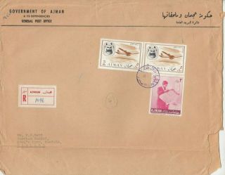 Hh4534 Ajman Reg Large 1967 Cover Uk; 13r Rate,  3 Stamps,  Jf Kennedy,  2 X 5r Air