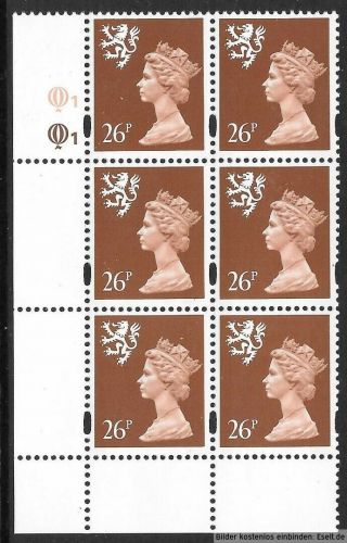 Gb/scotland 1971/98 26p Plate Block,  Sg Xsl59/s85,  Plate 1,  1.  Mnh