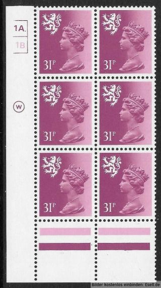 Gb/scotland 1971/98 31p Plate Block,  Sg Xsl65/s51,  Plate 1a,  1b Dot.  Mnh