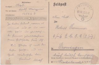 Netherlands - 1941 Ww 2 German Occupation Feldpost No.  13562 D Ps Cover - Germany