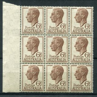 Australia 1951 Kgvi.  Block Of 9 X 6 1/2d Stamps.  Margin.  Mnh.  Sg 249.