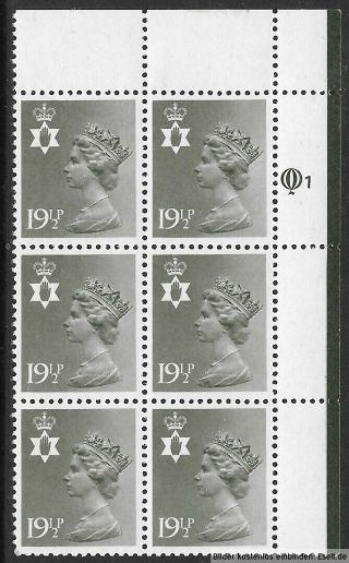 Gb/n.  Ireland 1971/00 19Â½p Plate Block,  Sg Xnl31/ni50,  Plate 1 Row 1.  Mnh