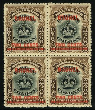 Sg 12 Brunei 1906 - 2c On 3c Black & Sepia Block Of Four - Mounted