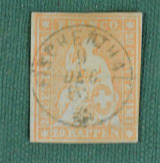 Switzerland Stamp 1854 20r Orange - Bright Green Silk Thread Sg 50 (p143)