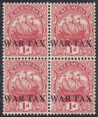 Bermuda 1918 Sg56a 1d Rose Red War Tax Overprint Block Of Four Mnh