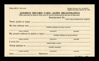 Dr Jim Stamps Us Address Record Card Alien Registration Postcard Doj 1951