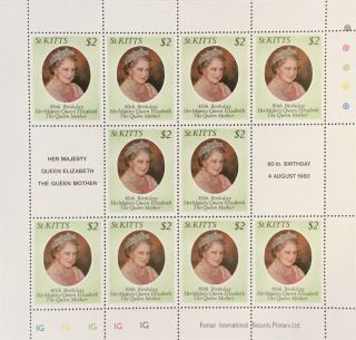 St.  Kitts 1980 80th.  Birthday Of The Queen Mother Sheetlet Mnh