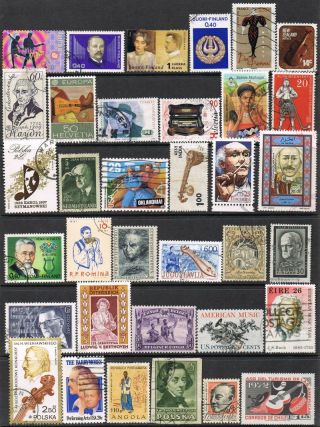 Thematics.  Selection Of 35 Music/composers/entertainment,  Etc.  On Stamps.