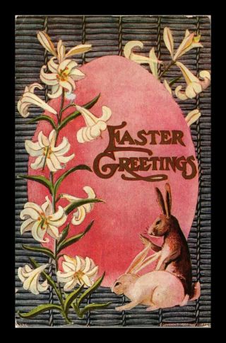 Dr Jim Stamps Us Easter Greetings Bunnies Lilies Egg Holiday Postcard 1909