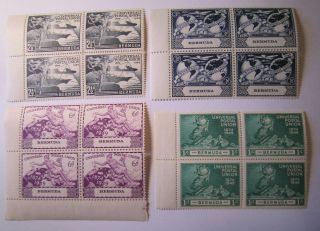 Bermuda 1949 75th Anniversary Of Upu,  Set Of 4 Stamps In Blocks Of 4,  Mnh