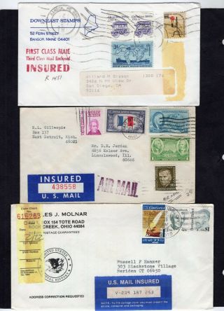 Lot 3 Old 1972/1987 Insured Mail Covers W/12 Stamps 1c/3c/5c/10c/20c/22c/40c/$1