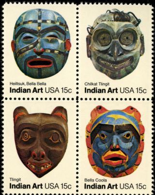 1980 15c Pacific Northwest Indian Masks,  Block Of 4 Scott 1834 - 37 F/vf Nh