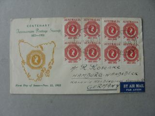 Australia,  Cover Fdc To Germany 1953,  2x Block Of 4,  100th Ann.  Tasmania Stamp
