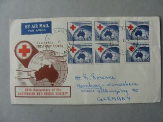 Australia,  Cover Fdc To Germany 1954,  Block Of 4,  Pair Red Cross