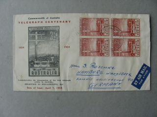 Australia,  Cover Fdc To Germany 1954,  Block Of 4 100th Ann.  Telegraph