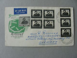 Australia,  Cover Fdc To Germany 1954,  Block Of 4 And Strip Of 3 Swan,  Bird