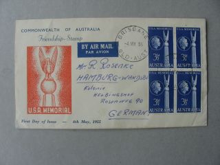 Australia,  Cover Fdc To Germany 19555,  Block Of 4 Usa Memorial