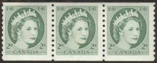 Stamps Canada 345,  2¢,  1954,  1 Strip Of 3 Mnh Coil Stamps.
