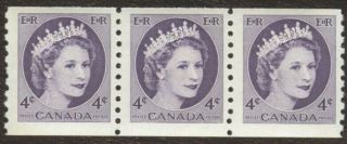 Stamps Canada 347,  4¢,  1954,  1 Strip Of 3 Mnh Coil Stamps.