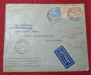 Denmark Dve Perfins 1934 Airmail Cover Copenhagen To Germany Cachet In Red