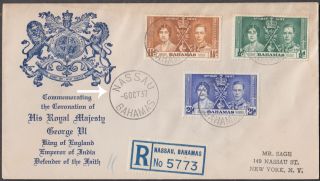 Bahamas 1937 Kg Vi Coronation 3 Values On Registered Cover To Usa