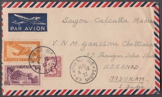 French Indo - Chine 1951 3 Values On Airmail Cover To India Via Saigon