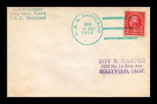 Dr Jim Stamps Us Naval Cover Uss Maryland Green Ink Cancel 1931