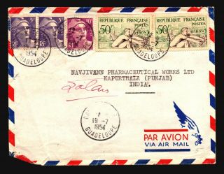 France (guadeloupe) 1954 Airmail Cover To India (edge Tear) - Z16604