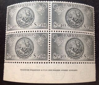 Barbados 1953 Block Of 4 $2.  40 Black Stamps With Bottom Margin Mnh