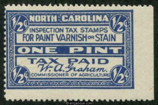 North Carolina Paint Varnish Tax Stamp Pv2,  F S/e