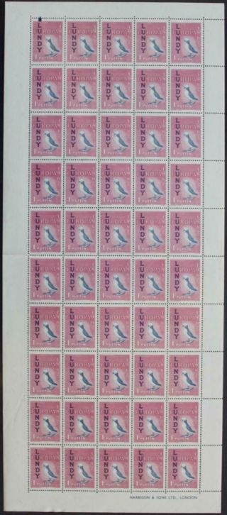 Gb/lundy: 1962 Full 10 X 5 Sheet Europa 1 Puffin Examples - Full Margins (26371)