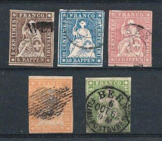 Switzerland 1854 - 62 Selection Of 5 X Strubels To 40rp Green Thread Cv £310,