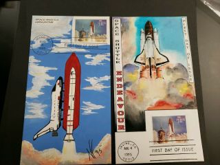 Us Fdc 2544a $10.  75 Endeavor Space Shuttle 1995 2 Hand Painted Beauties