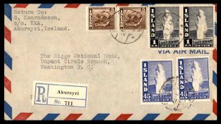 Iceland Akureyri Jul 23 1947 Registered Air Mail Cover To Washington Dc Usa