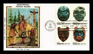 Dr Jim Stamps Us Northwest Indian Masks Colorano Silk Fdc Cover Block Of Four