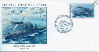 Wwii 1942 Battle Of Coral Sea Uss Lexington Aircraft Carrier & Wildcat Stamp Fdc