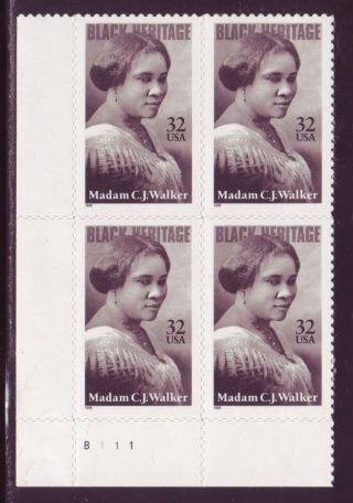 3181 Madam C.  J.  Walker,  Black Heritage.  Plate Block.  F - Vf Never Hinged