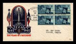 Dr Jim Stamps Us Texas Statehood 100 Years Fdc Cover Scott 938 Block Staehle