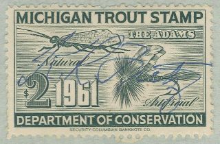 1961 Michigan $2 Trout Stamp On Fishing License