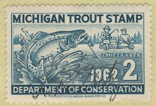 1962 Michigan $2 Trout Stamp On Fishing License