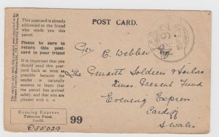 Ww1 British Tobacco Fund Reply Card 1919 To Cardiff Indian Fpo 92 Tikrit Iraq