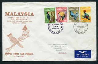 9.  9.  1965 Malaysia Malaya Birds Set 4 X Stamps To 75c On Fdc Selangor To Gb Uk