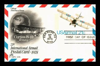 Dr Jim Stamps Us 21c International Air Mail Fdc Postal Card Curtiss Jenny