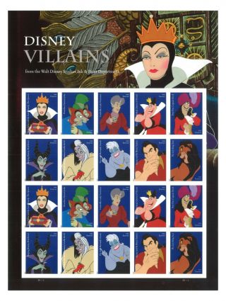 Usa 2017 Disney Villains Forever Stamps Sheetlet Of 20 Self - Adhesive Muh