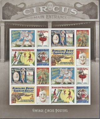 Us Scott 4898 - 4905 - 2014 " Vintage Circus Posters " - Sheet Of 16 - Mnh