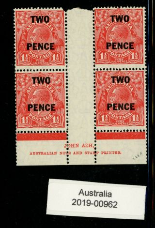 Australia Kgv " Two Pence " Overprinted Gutter Block Of 4 Stamps (962)